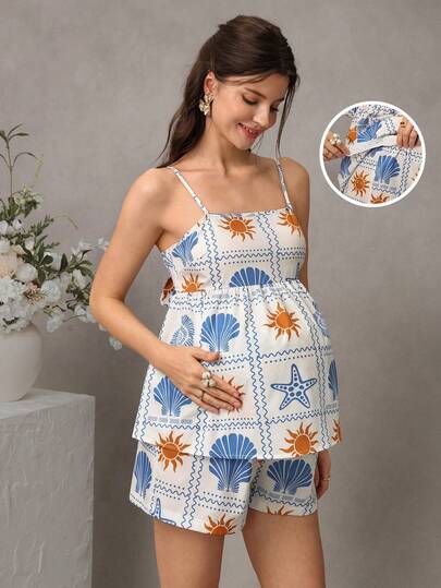  SHEIN Conjunto de maternidad de 2 piezas con top de tirantes con estampado floral + shorts con cintura ajustable, esencial para vacaciones de verano y playa