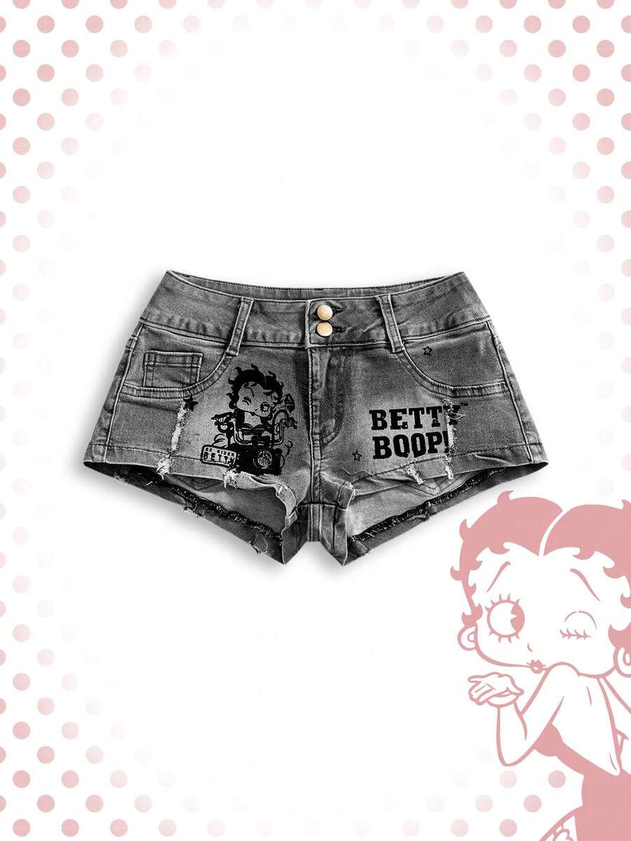 Betty Boop | ROMWE Y2K Baddie Spring/Summer Collab Vintage Motorcycle Print Ultra Low-Rise Mini Denim Shorts - Grey - View 1