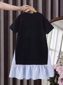 少女春夏度假休闲针织条纹蝴蝶结装饰宽松A字短袖连衣裙，藏蓝色，适合日常外出和返校季穿着 - 藏蓝色 - 查看 7
