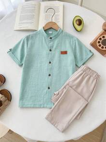 SHEIN Back To School Tween Boys 2-Piece Formal Suit Mint Sage Green Mandarin Collar Blazer & Khaki Pants For Wedding Family Matching Summer - Mint Green - View 8