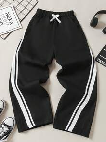 SHEIN Quần cargo ống đứng rộng rãi màu đen có dây rút, phù hợp cho thanh thiếu niên và phong cách đường phố mùa hè. - màu đen - Xem 1