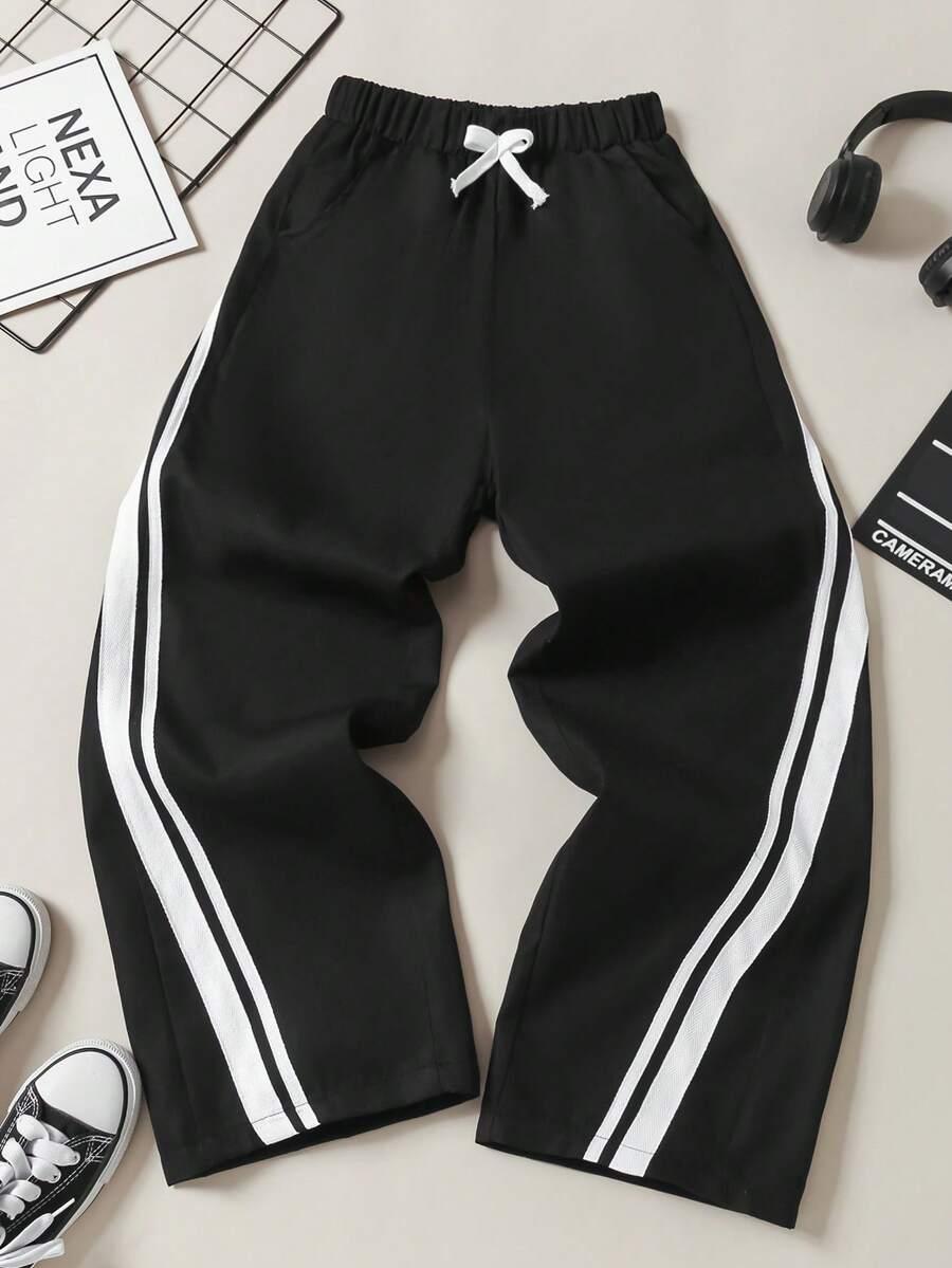 SHEIN Quần cargo ống đứng rộng rãi màu đen có dây rút, phù hợp cho thanh thiếu niên và phong cách đường phố mùa hè. - màu đen - Xem 1