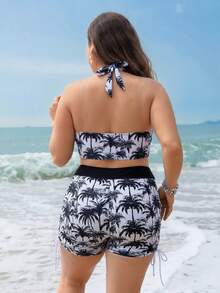Swim Lushoire 大尺碼女款3件式泳裝套裝，椰子樹印花掛脖上衣、短褲、鏤空蕾絲罩衫，適合海灘、泳池、運動 - 黑與白 - 查看 5