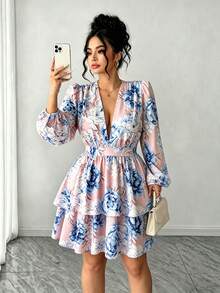Elenzga Plus Size Women Floral V-Neck Puff Sleeve Double Ruffle Hem Dress - Dusty Pink - View 3