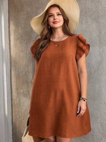 EMERY ROSE Plus Size Women Solid Color Round Neck Ruffle Sleeve Loose Dress Summer Dress Spring Clothing Beach Outfits For Women Vacation Outfits - Rust Brown - View 5