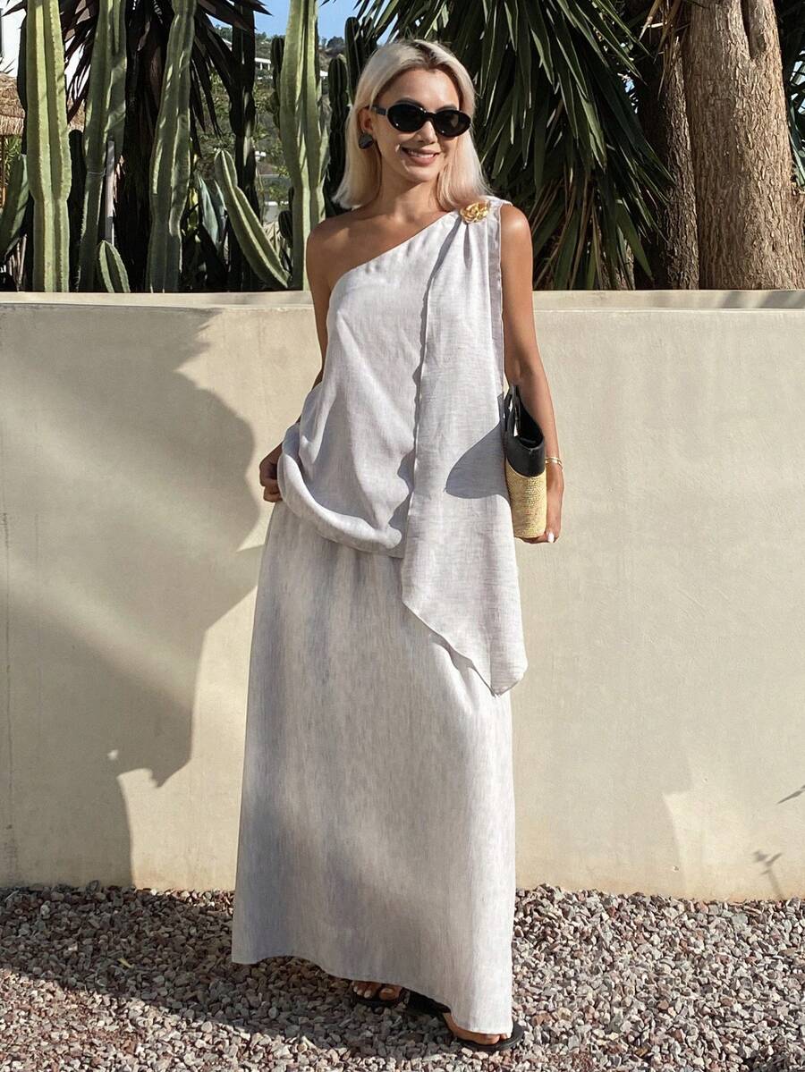 Livesso 女士度假休闲单肩上衣和半裙两件套 - 灰色 - 查看 1