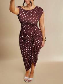 SHEIN BAE CURVE Đầm chấm bi màu đỏ tía dành cho nữ cỡ lớn, kiểu dáng thanh lịch, xẻ tà vai bất đối xứng. - Nhiều màu - Xem 5