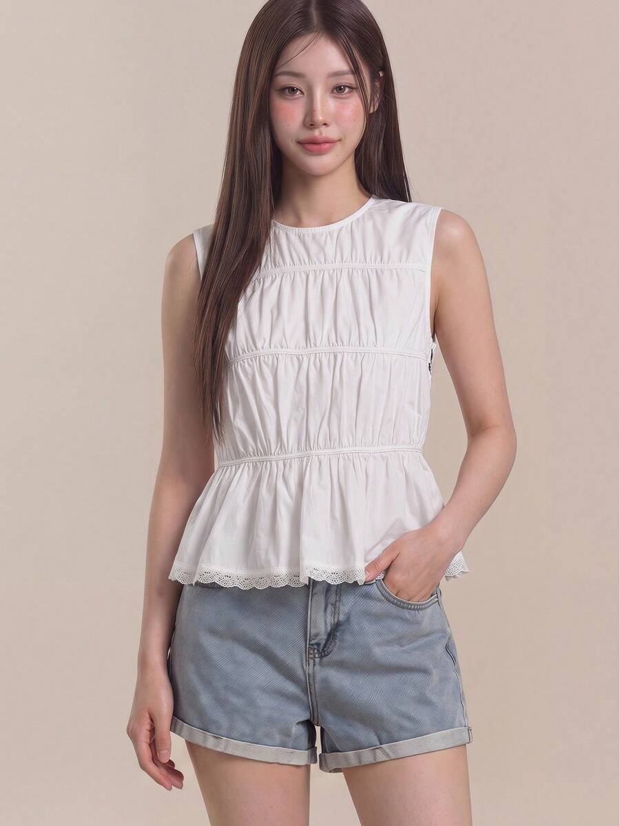 SHEIN Unity Cute White Summer Round Neck Ruched Waist Ruffle A-Line Sleeveless Open Shoulder Blouse,Vintage College Style Office Commute Wear,Brunch,,Beach - White - View 1