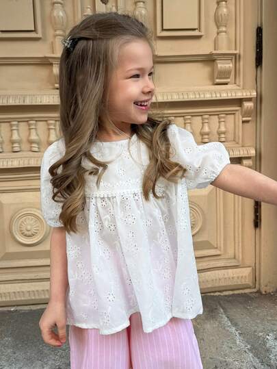 Dazy Kids Round Neck Textured Fabric Pleated A-Line Cute Girls (Small) Blouse