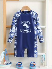 SHEIN Traje de baño de protección solar con estampado de palmeras de manga larga, estilo de vacaciones de moda, en patchwork y contraste de colores, adecuado para playa, natación y surf, para niños pequeños y niños - Azul Marino - Ver 6