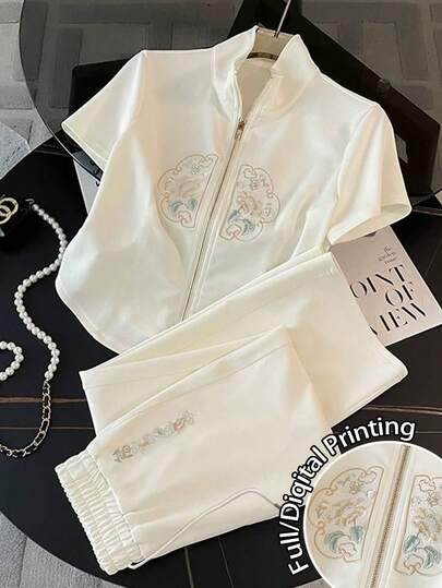 Franclia Bộ áo cardigan tay ngắn raglan cổ bẻ + quần dài thường ngày