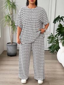 SHEIN EZwear Setelan Kaos Lengan Pendek dan Celana Panjang Kasual Motif Garis-garis untuk Wanita Ukuran Besar, Cocok untuk Musim Semi, Musim Panas, dan Musim Gugur, untuk Berpergian dan Liburan - Hitam dan Putih - View 6