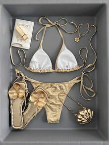 SHEIN Swim Women's Beach Swimwear Set With Metallic Decor For Summer Beach Vacation - Gold - View 3