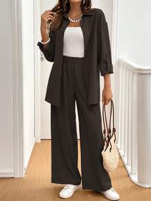SHEIN Frenchy 女士纯色单排扣长袖上衣和裤子休闲两件套 - 棕色 - 查看 3