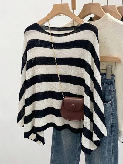 Franclia Women's New Summer Vacation Style Black And White Striped Shawl-Style Asymmetrical Hem Cape Sweater, Summer Top, Women's Beach Wear, Women's Beach Cover-Up, Knitted Cover-Up Top, Summer Holiday Wear, Women's Vacation Wear, Women's Casual Top, Striped Pullover Sweater, Asymmetrical Hem Design, Slightly Loose Fit Suitable For Various Body Types.Work Tops For Women,Graduation Season Attire, Fashionable Casual Commuter Wear, Business Office Wear, Versatile And Stylish Everyday Casual Wear, Urban Teacher's Professional Attire,Sports,Luxury,Formal,Work Outfits For Women,Country Concert Outfit