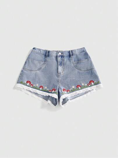 ROMWE Nouveaux shorts en jean délavé bleu moyen pour femmes, design de broderie florale à l'avant, à la mode et confortable, shorts en jean pour grandes tailles
