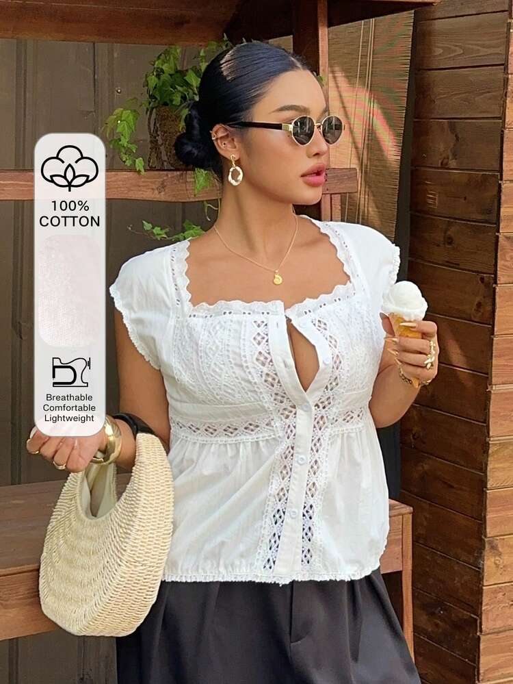 Dazy Plus Plus Size Women's Lace Cardigan, Waist Gathered Hollow Out Petal Sleeve White Vacation Style Top, Spring/Summer