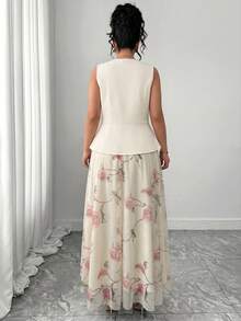 Elenzga Women's Elegant Summer Beige Wedding Guest Wedding Ninang Mesh Floral Print Set,Solid Color V-Neck Blouse With Metal Button,Dreamy Pink Set - Apricot - View 2