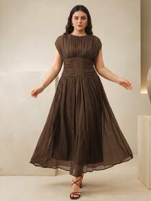 Anewsta Vestido elegante y moderno con textura y pliegues en la cintura para mujeres de talla grande - Café integral - Ver 5
