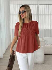 Easowa Women's Solid Color Round Neck Short Sleeve Pleated Casual Shirt,Summer Top - Red - View 5