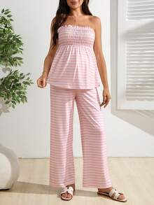 SHEIN Conjunto casual cómodo, adecuado para usar en primavera y verano, que incluye top tubo de hombros descubiertos a rayas y pantalones a juego; conjunto casual de moda para mujeres embarazadas - Rosa - Ver 7