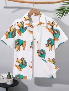 SHEIN 青少年男童休闲字母鸭子图案印花短袖衬衫，适合夏季海滩度假 - 白色 - 查看 2