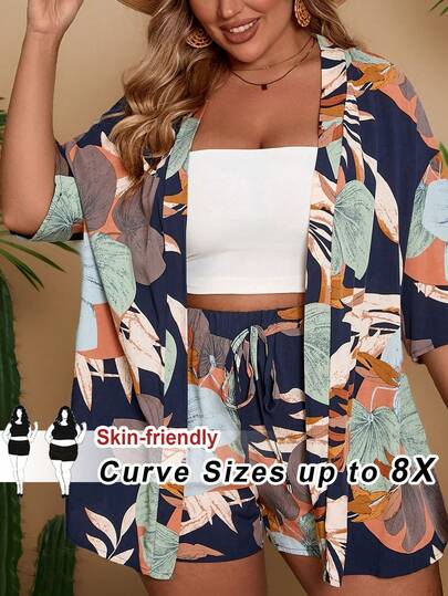SHEIN CURVE+ 大码女式春夏热带植物印花宽松和服上衣短裤套装，沙滩/度假风