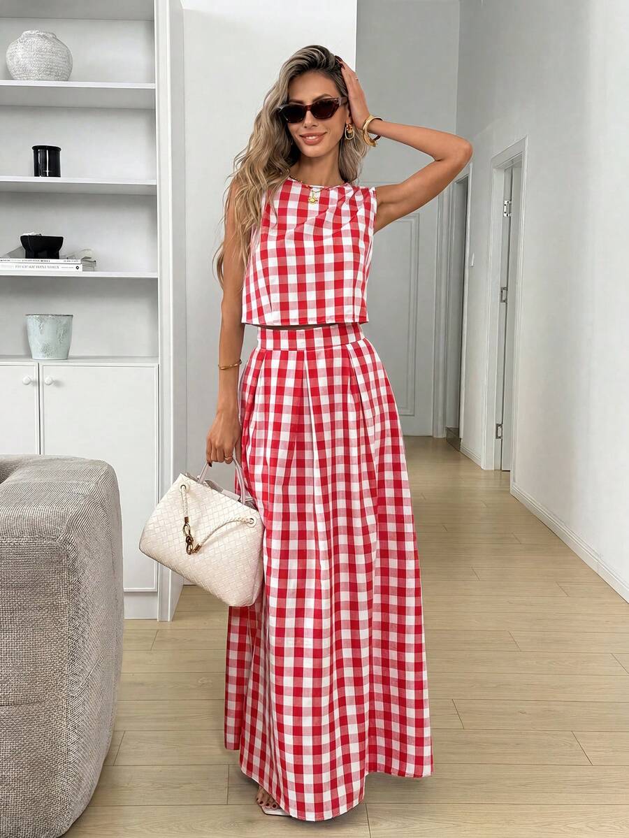 Easowa Bộ đồ nữ gồm áo sơ mi và chân váy kẻ caro, kiểu dáng thường ngày, gồm 2 món. - Đỏ - Xem 1