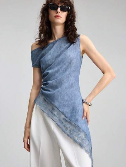 Ontre 2026 Summer New Denim Blue Asymmetric Neck Contrast Lace Blouse, Versatile Commuting Outfit, Elegant Minimalist Style, Suitable For Casual Urban, Spring/Summer