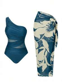 Swim Oasis 女士纯色褶皱连体泳衣，配花卉图案罩衫和裙子，度假必备 - 水鴨藍 - 查看 5