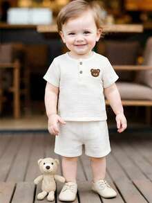 Souflis Souflis 2pcs/Set Cute Bear Pattern Short Sleeve Top And Pants Set, Casual French Style Baby Boy Outfit Baby Boy Short Set - White - View 5