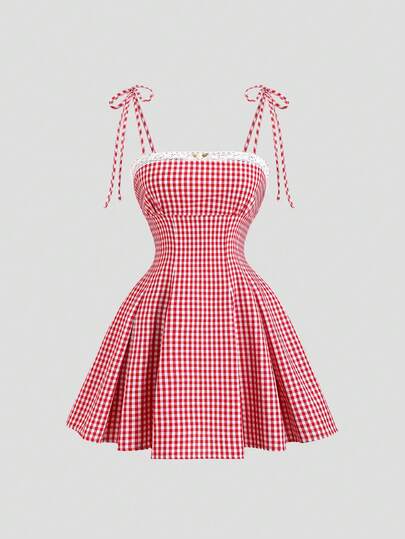 Sweetra Vestido de tirantes ajustado con estampado de cuadros, escote espalda y cordones, para uso casual en vacaciones de verano para mujeres