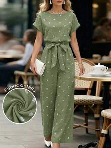 Editum Quần ống rộng nữ kiểu dáng thanh lịch, cổ tròn, cạp chun, thích hợp mặc hàng ngày và đi nghỉ mát mùa hè. - màu xanh lá - Xem 1