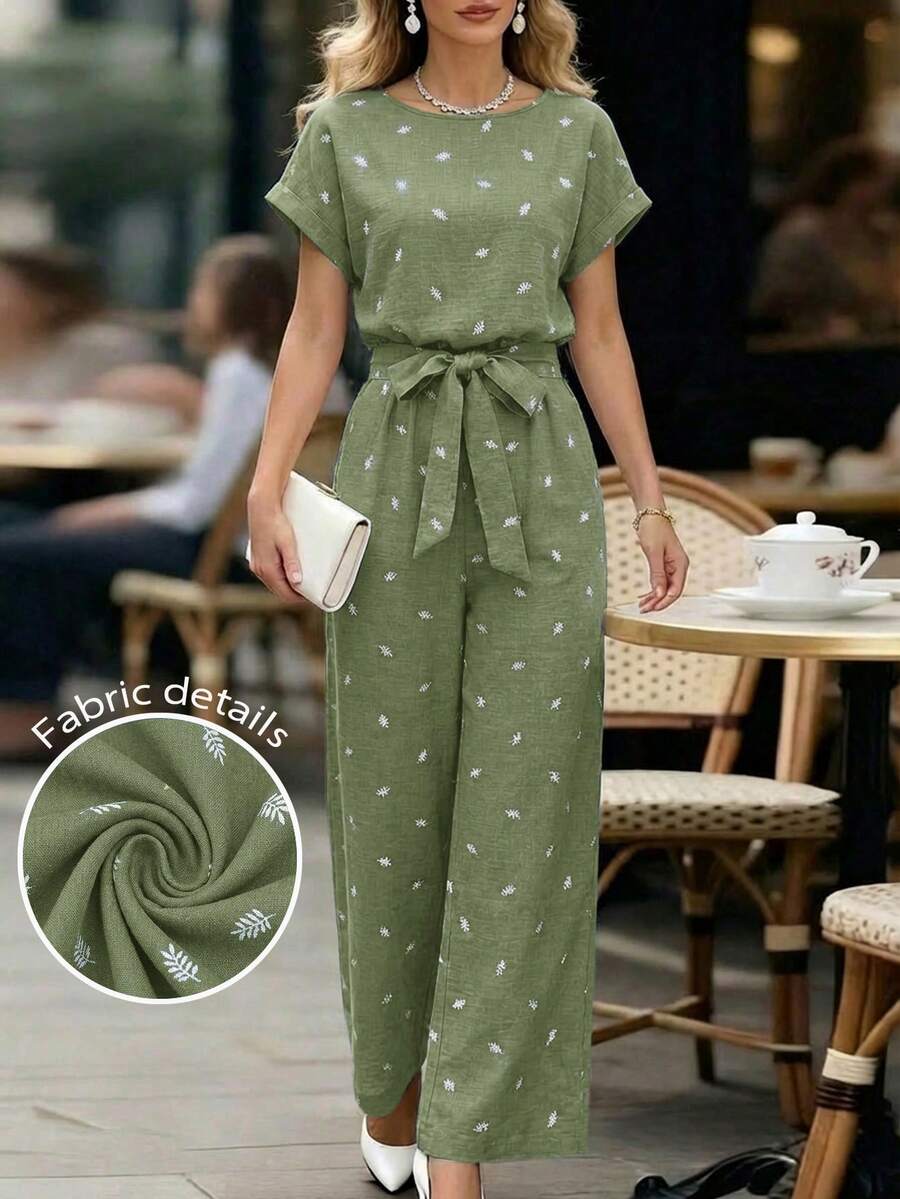 Editum Quần ống rộng nữ kiểu dáng thanh lịch, cổ tròn, cạp chun, thích hợp mặc hàng ngày và đi nghỉ mát mùa hè. - màu xanh lá - Xem 1