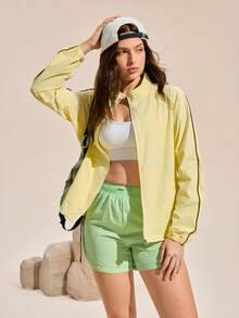 Exploreva Women's Fashion Versatile Zipper Pocket Striped Long Sleeve Lightweight Jacket - Yellow - View 2