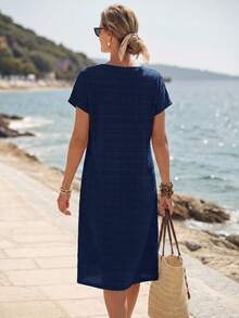 Faunlyn Vestido casual de longitud media de cuello en V a rayas de manga corta y recto para mujer - Azul - Ver 2