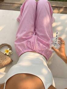 Sunnyshic Quần ống rộng cạp thấp kẻ sọc hồng dành cho nữ, trang phục đi biển, thời trang thường ngày đa năng, mùa hè. - Hồng - Xem 4