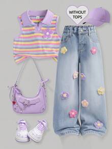 SHEIN بنطلون جينز أزرق مستقيم الساق للفتيات الصغيرات مع رقعات زهور الأقحوان، بنطلون جينز فضفاض للفتيات مطرز بالزهور، بنطلون جينز واسع الساق للفتيات الصغيرات، بنطلون جينز فضفاض مطرز بالزهور، مناسب للربيع والصيف، كاجوال وشامل للاستخدام اليومي والملابس الشارعية للفتيات - أزرق فاتح - مشاهدة 1