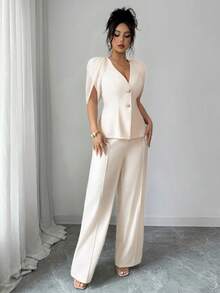 Elenzga Aprikot Chiffon Jacke mit geraffter Taille, kurzen Ärmeln, V-Ausschnitt Bluse und gerade geschnittene Hose, Zweiteiler, elegant und vielseitig für Büro und Lässig, Sommer - Aprikosenfarben - Übersicht 7