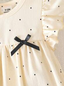 SHEIN Baby Girls' Casual Cute Polka Dot Bowknot Flounce Sleeve Design Dress, Suitable For Spring/Summer Daily Wear - Apricot - View 6