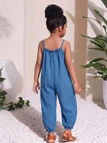 SHEIN Bộ áo liền quần không tay họa tiết jacquard thời trang thường ngày cho bé gái mùa hè, màu xanh chàm, dáng rộng thoải mái, thích hợp cho kỳ nghỉ biển. - Màu xanh lam - Xem 3
