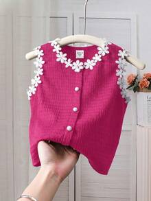 SHEIN Young Girl Knitted Solid Color Patchwork Contrast Color Floral Ribbon Casual Vest - Hot Pink - View 2