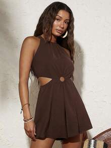 Travachic Vacation Solid Color Hollow Out Halter Romper For Women - Coffee Brown - View 4
