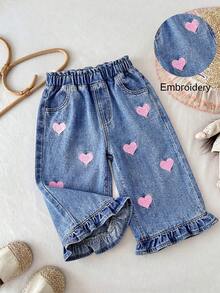Quần jean ống rộng màu xanh dương thêu hình trái tim, có bèo nhún ở gấu quần, dành cho bé gái. - Màu xanh lam - Xem 10