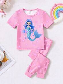 1 Set Mädchen Leuchtende Meerjungfrau Muster Eng anliegende Strick Kurzarm Top und Hose Pyjama Set - Pink - Übersicht 4