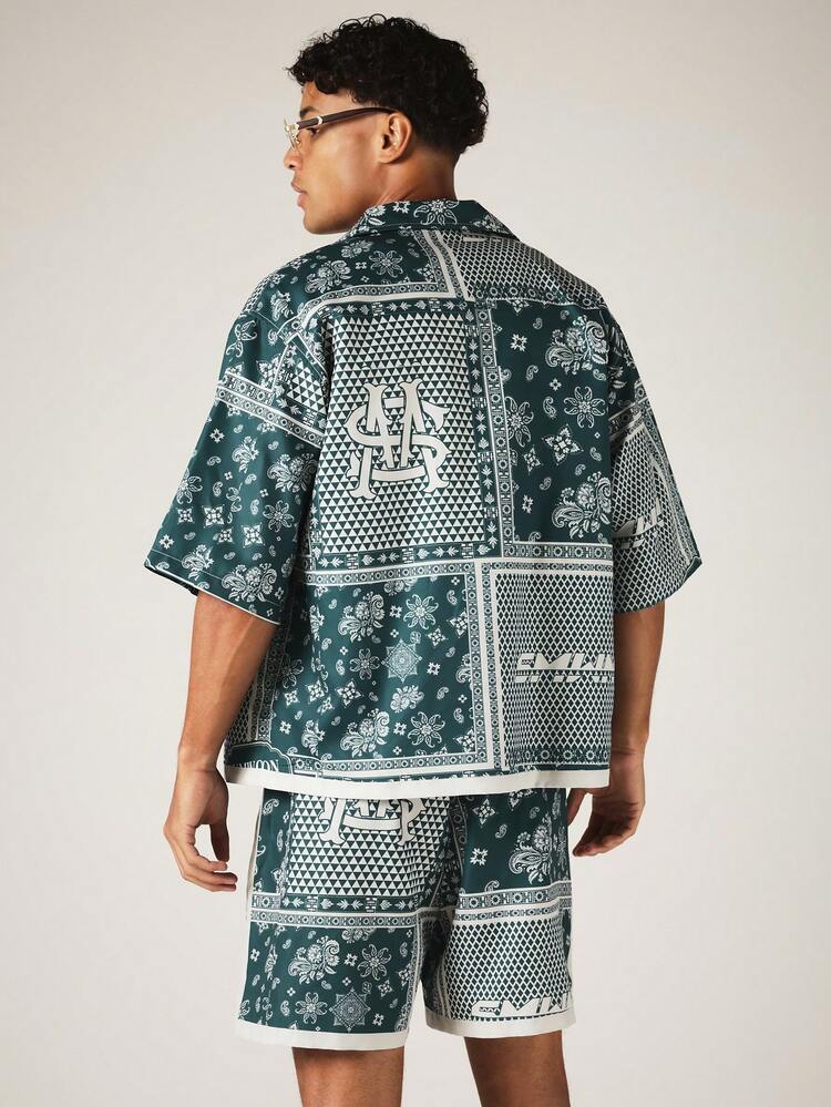 Camisa Coordenada de Botão de Manga Curta com Estampa Patchwork de Lenço Paisley, Roupa Casual de Resort de Férias de Verão