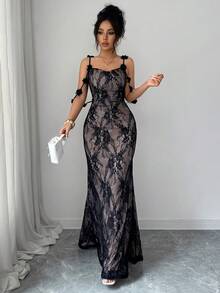 Elenzga Đầm nữ thanh lịch, thời trang, thoải mái, quyến rũ, cổ điển, tối giản, cao cấp, lãng mạn, thích hợp cho kỳ nghỉ, tiệc tùng, hẹn hò, đi biển, hè nóng bỏng, không tay, họa tiết hoa 3D, cổ xếp ly, ren xuyên thấu, dáng đuôi cá (Họa tiết hoa ngẫu nhiên) - màu đen - Xem 6