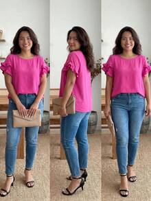 Enliva Blusa básica con mangas de pétalos y ribete de volantes Jolene.Mendez Plus, para Body redondeado tipo manzana, para el verano - Rosa Fucsia - Ver 4