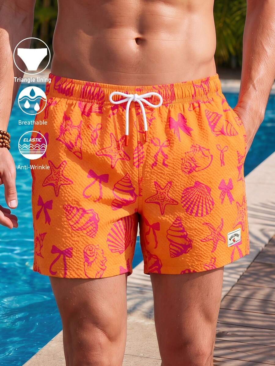 Manfinity Swimmode Men's Casual Vacation Printed Drawstring Beach Shorts, Holiday - Orange - View 1