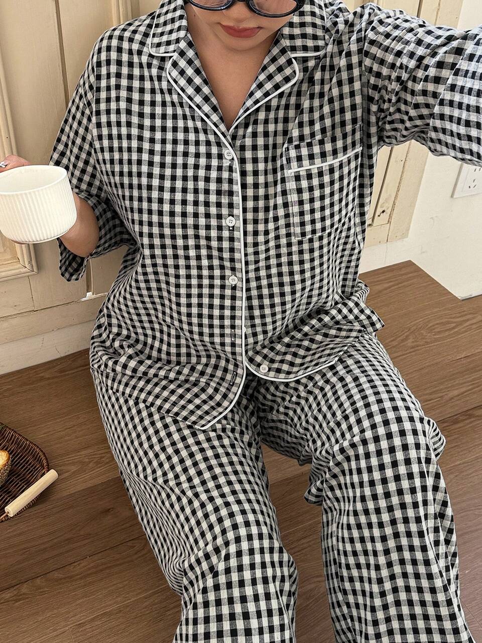 Dazy Plus 2pcs Casual Plaid Loose Long Sleeve Top And Long Pants Pajama Set, Spring/Summer